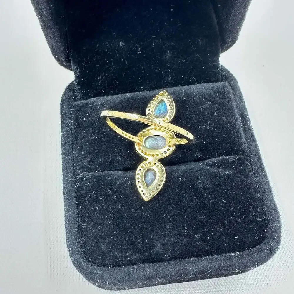 925 Gold Vermeil Labradorite 3-Stone Statement Ring Size 8.5